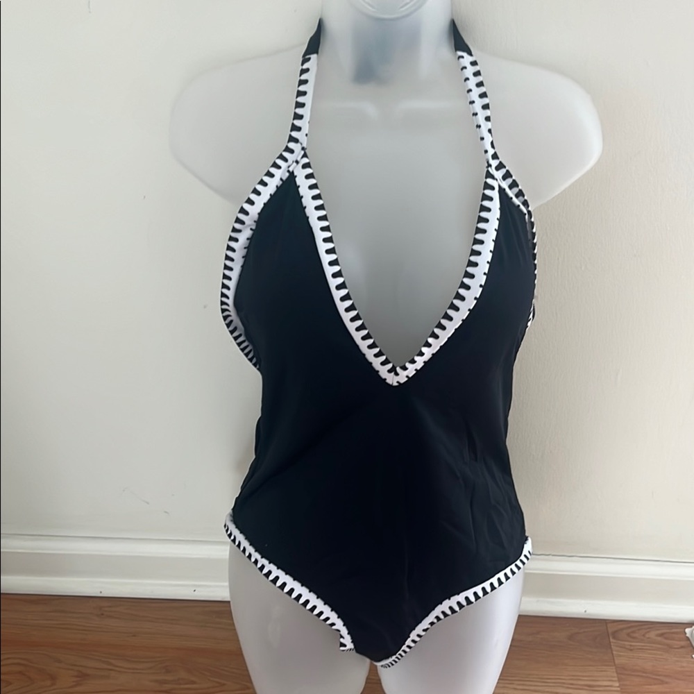 Black and White Halter One-Piece Swimsuit
